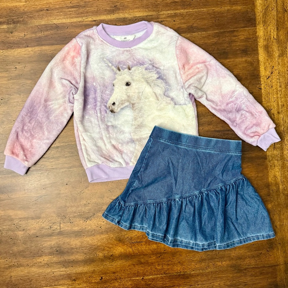 H&M Rainbow Unicorn Sweatshirt and Denim Skirt Set